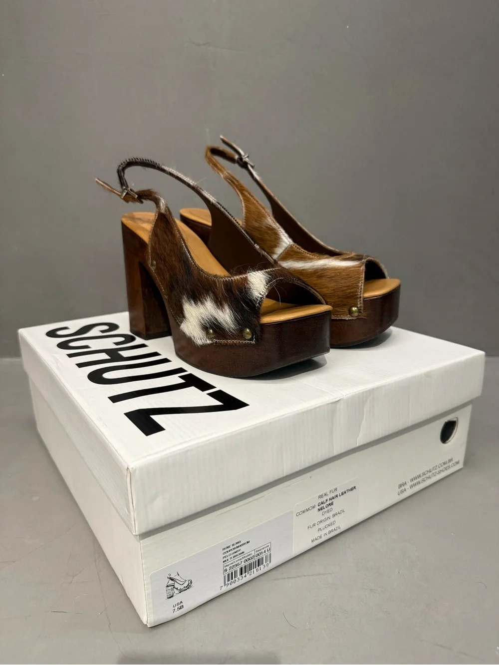 SCHUTZ Brown and White Calf-Hair Platform Slingback Sandals